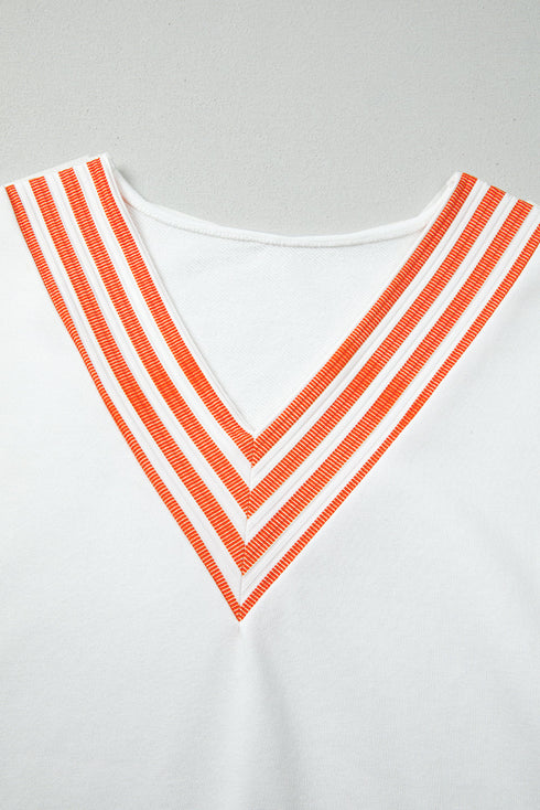Chevron V Neck Drop Shoulder Striped Sleeve Colorblock Rib Hem Long Sleeve Top
